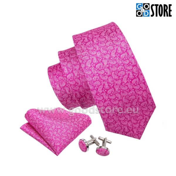 Luksusliku siidlipsu kinkekarp, mansetinööpide ja rinnarätikuga, särav roosa peene mustriga
