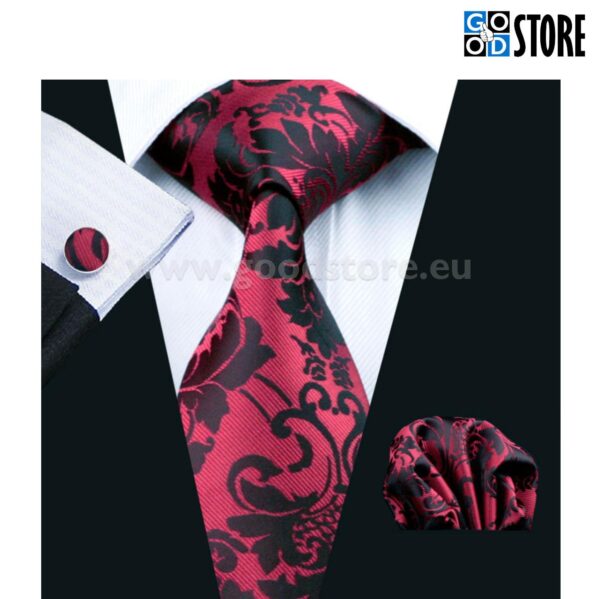 Luksuslik seotava lipsu komplekt, punase ja musta lillelise mustriga